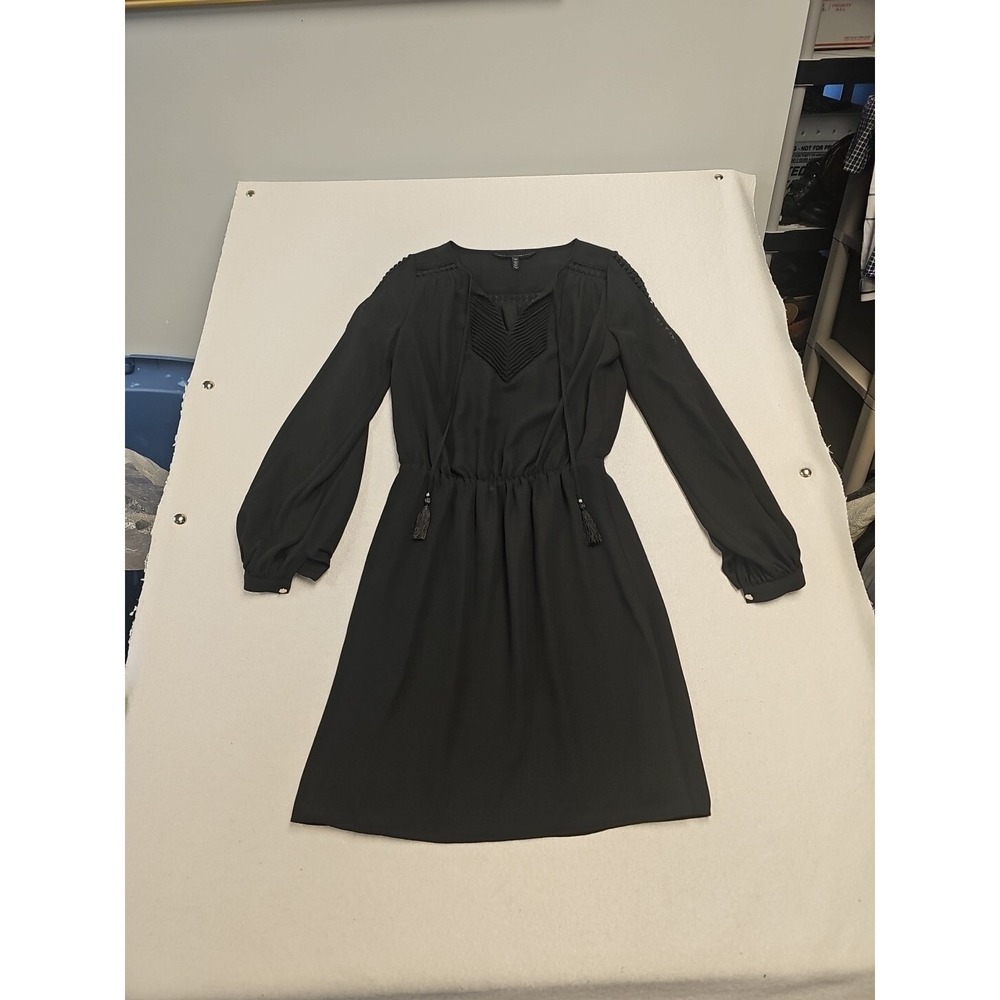 White House Black Market Black Long Sleeve Tassel Mini Dress Size 00 Ladder Lace